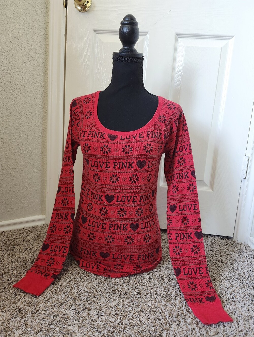 VS Pink Festive Fair Isle Long Sleeve Waffle Thermal PJ Top